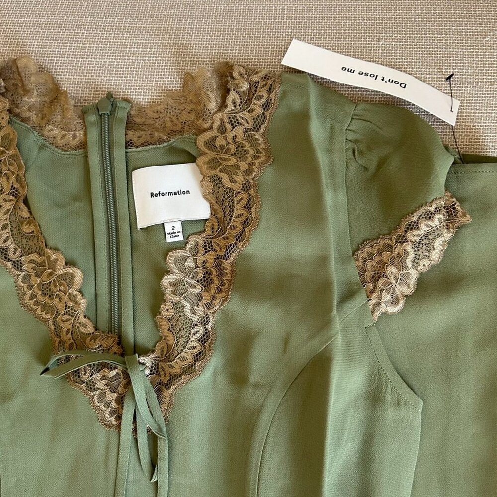 NWT Reformation Tiffie Midi Dress Sz2 Artichoke Green Gold Lace - Picture 6 of 11
